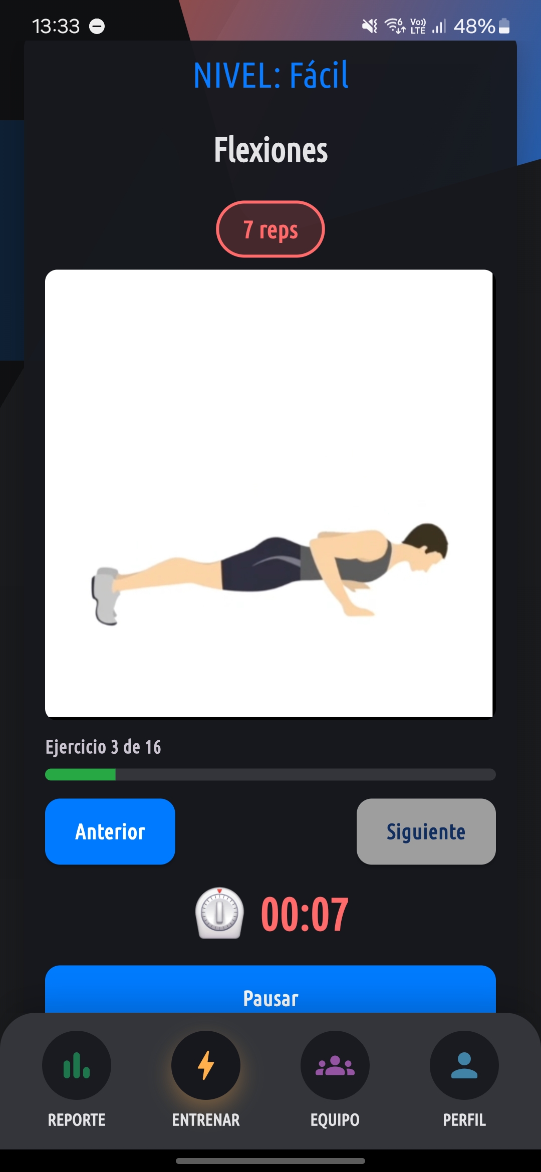 Captura de pantalla de la sección entrenamiento