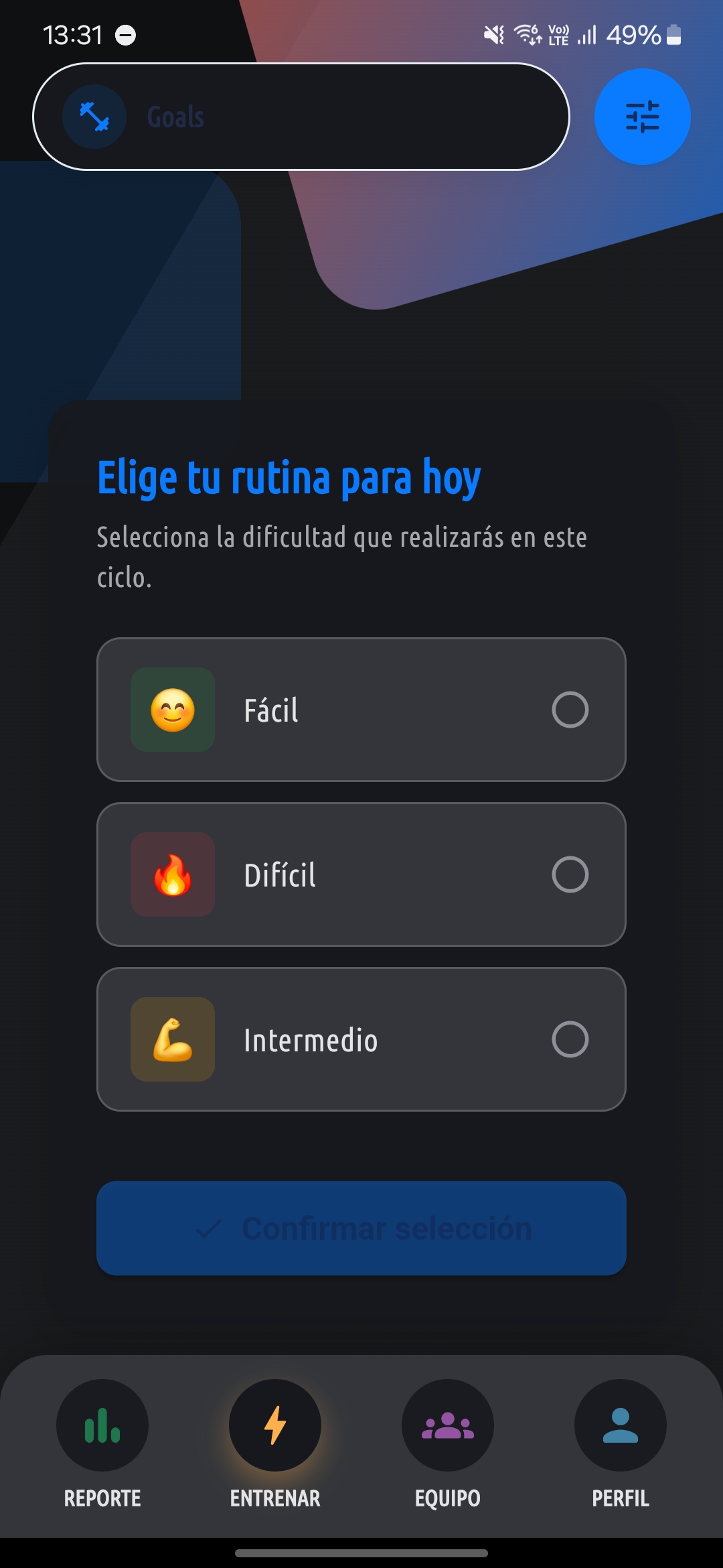 Captura de pantalla elección de rutina
