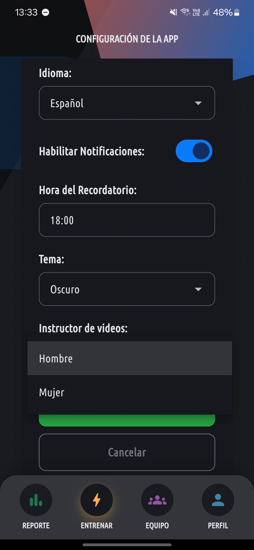 Captura de pantalla de la configuracío del perfil