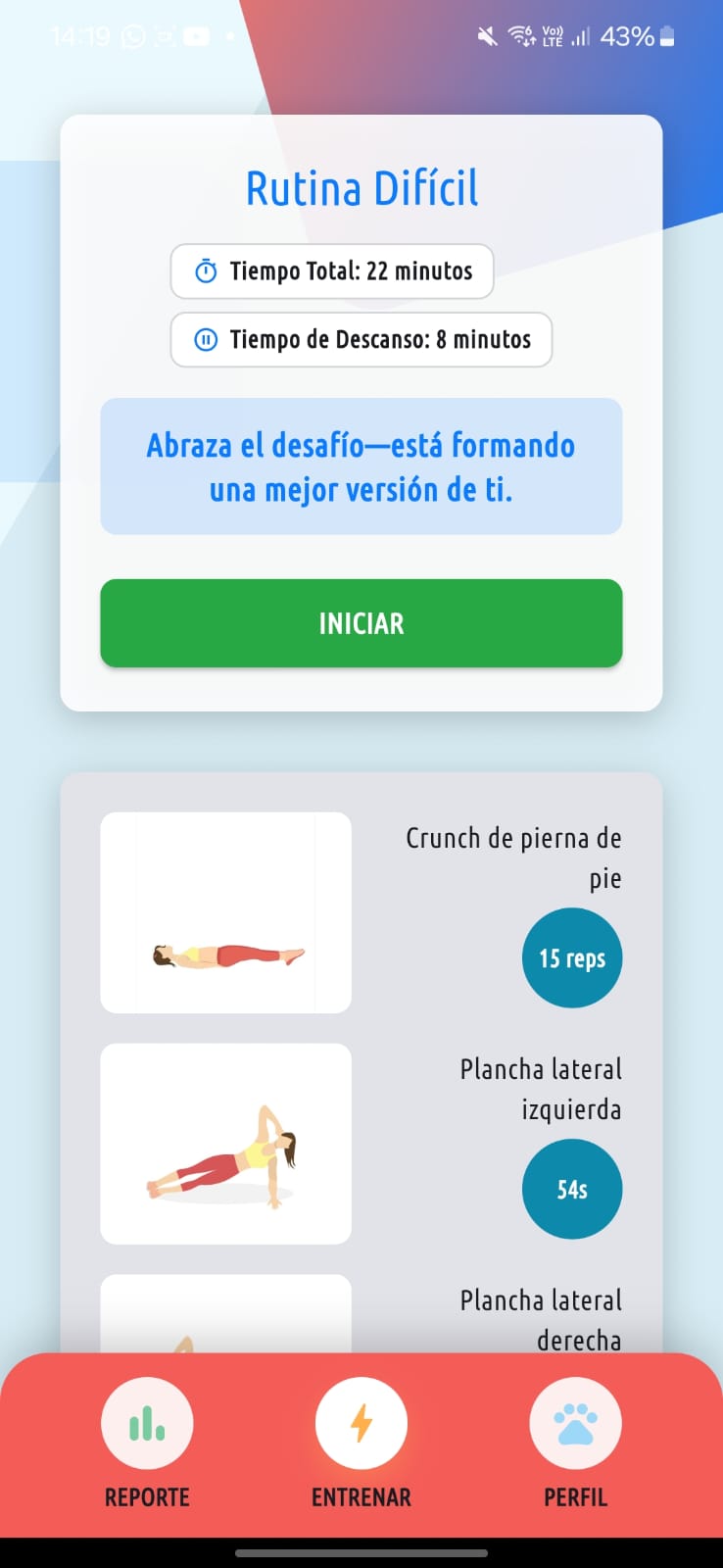 Captura de pantalla de la sección mis rutinas